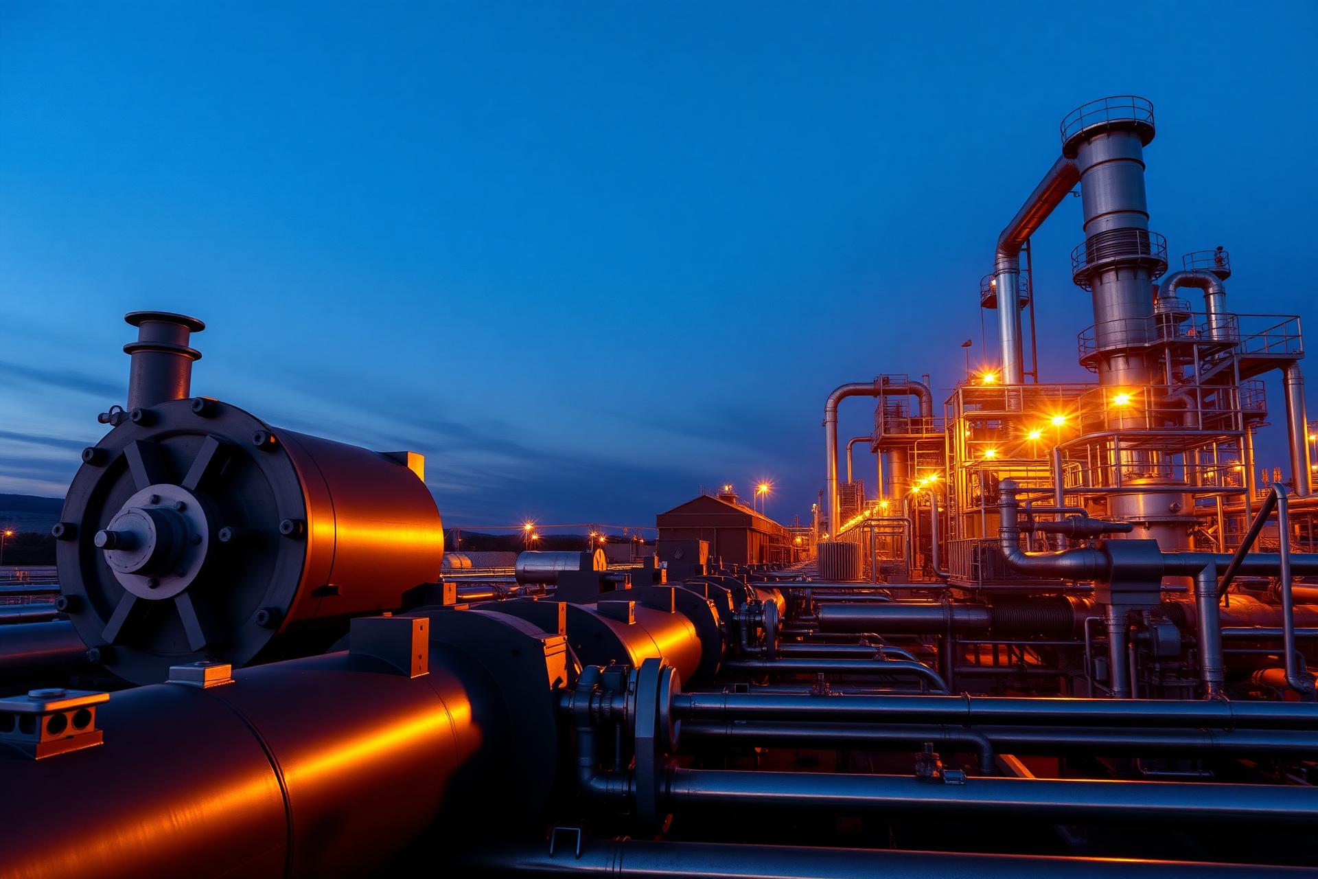 Industrial oil and gas facility with compressors and pipelines